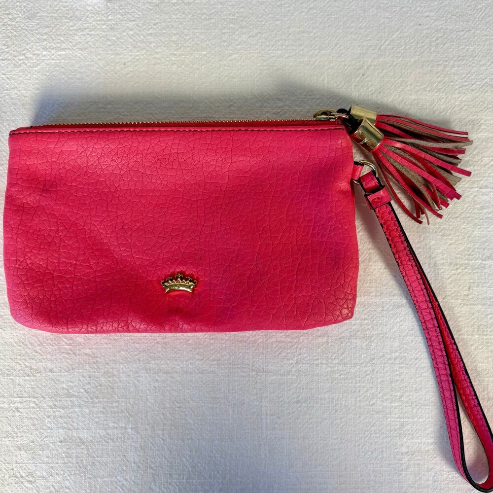 Y2K Vintage Juicy Couture Pink Logo Wristlet Clutch Gold Hardware Faux Leather